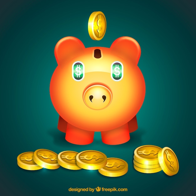 Green background of piggy and dollars