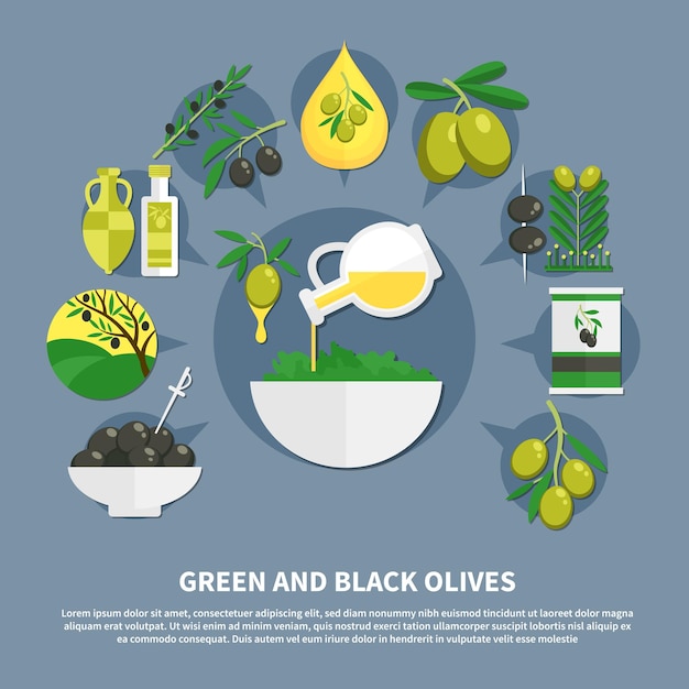 Green and black olives, canned products, oil, bowl with salad, flat composition