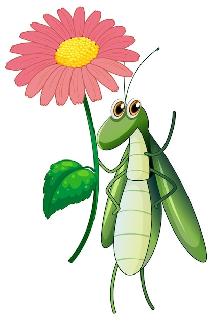 Free vector green bug holding pink flower on white background