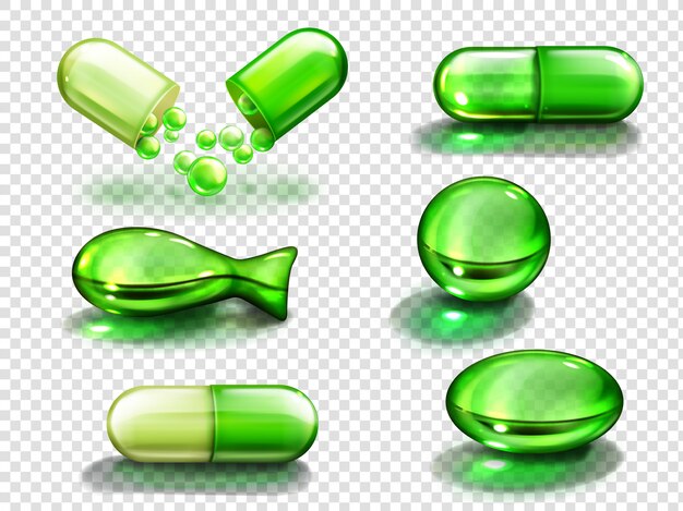 Green capsule with vitamin, collagen or medicine