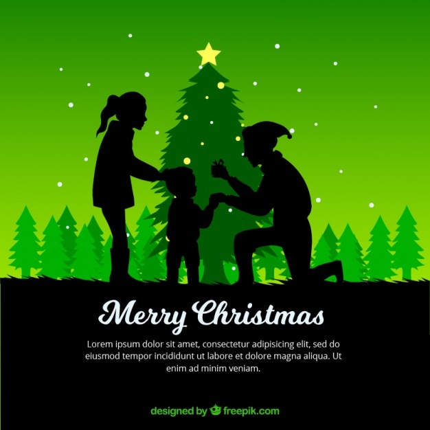 Free Vector green christmas background with christmas tree and family silhouettes