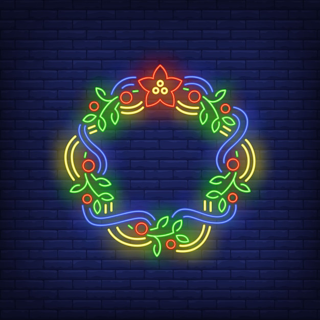 Free Vector green christmas wreath with blue and yellow ribbons in neon style