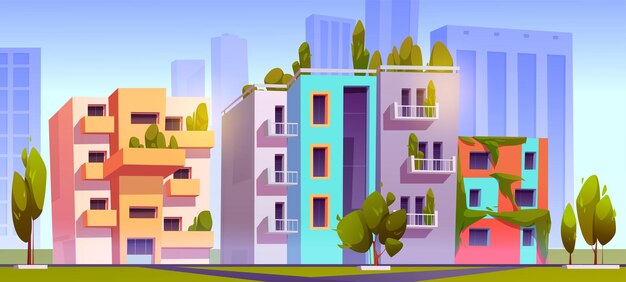 Green city with eco houses with garden on buildings roof and balcony Vector cartoon illustration of summer cityscape with modern house and office buildings with green plants on rooftop and terrace