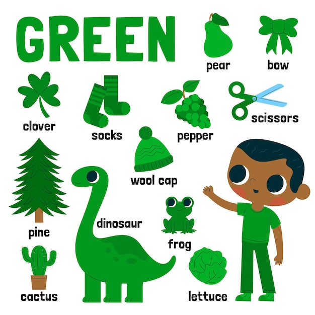 Green color and vocabulary pack in english for children