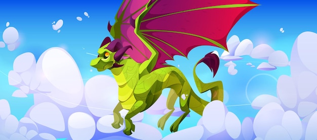 Green dragon with pink wings flying above clouds Vector cartoon illustration of fantastic creature with tail horns and paws against heavenly cloudscape background Traditional asian mascot animal