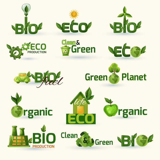 Free vector green ecology text icons set