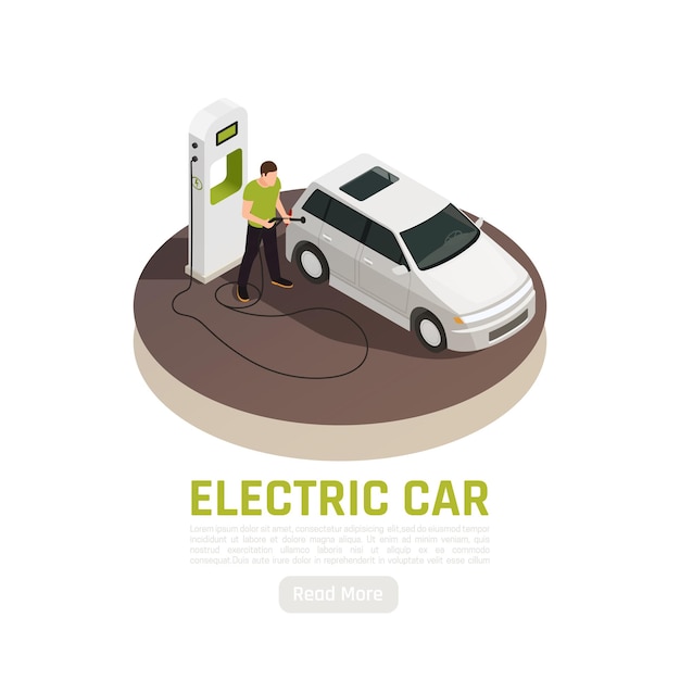 Green energy ecology isometric illustration with electric car charging station editable text and read more button