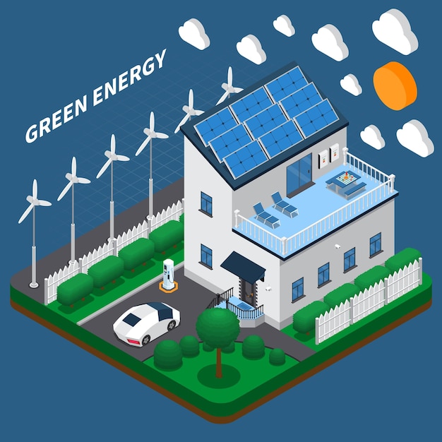 Free Vector green energy generation for household consumption isometric composition with roof solar panels and wind turbines