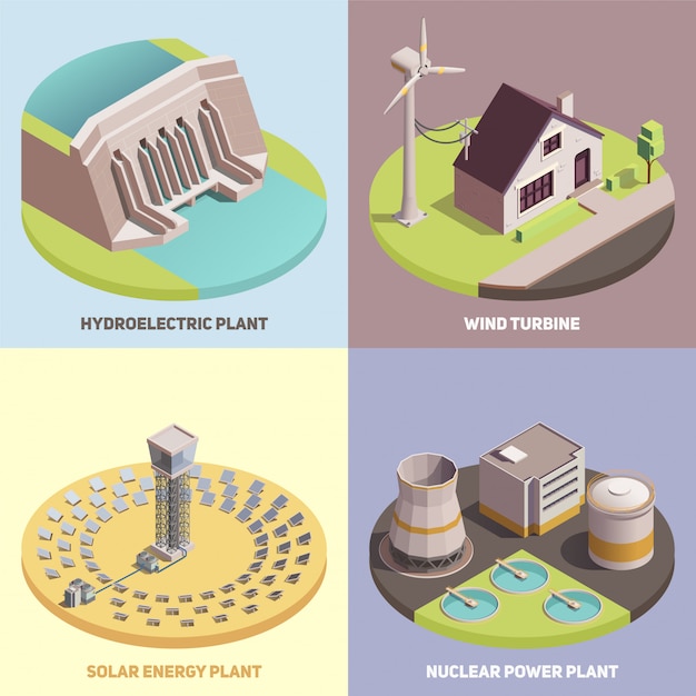 Free vector green energy production isometric card set