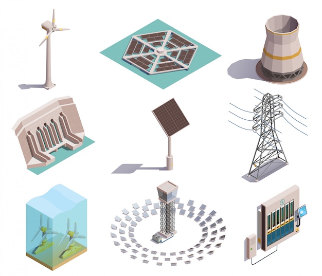 Green energy production isometric icons set with wind tidal power generators solar station hydroelectric plant 