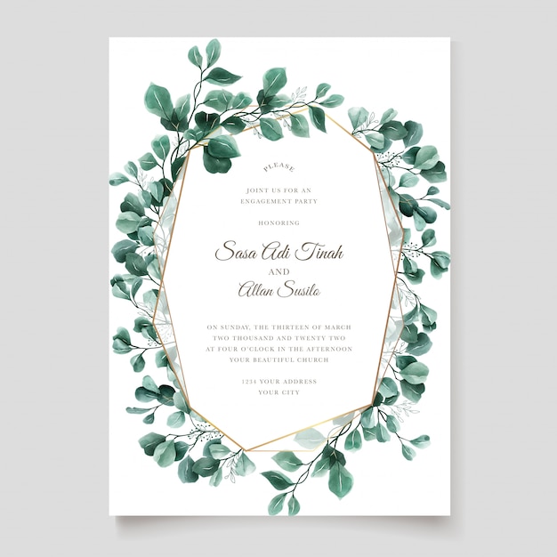 green eucalyptus wedding invitation card template