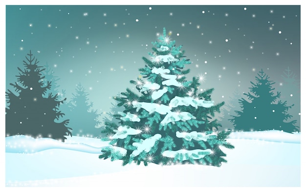 Green fir tree in winter forest illustration