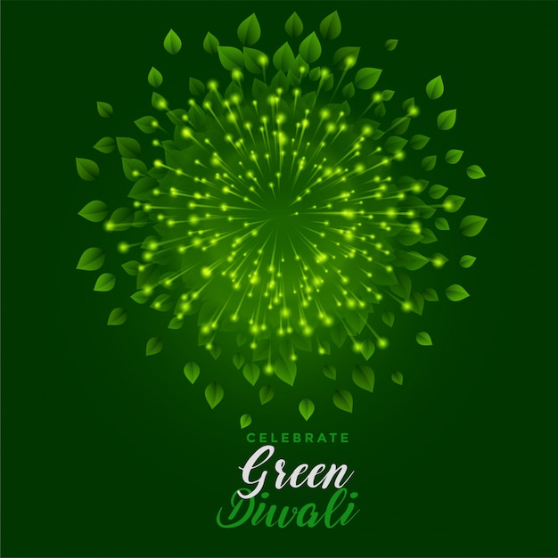 Free Vector green fireworks with leaves for happy diwali celebration