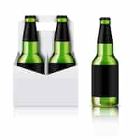 Free vector green glass beer bottle and white pack cardboard box for four bottles with handle realistic composition vector illustration