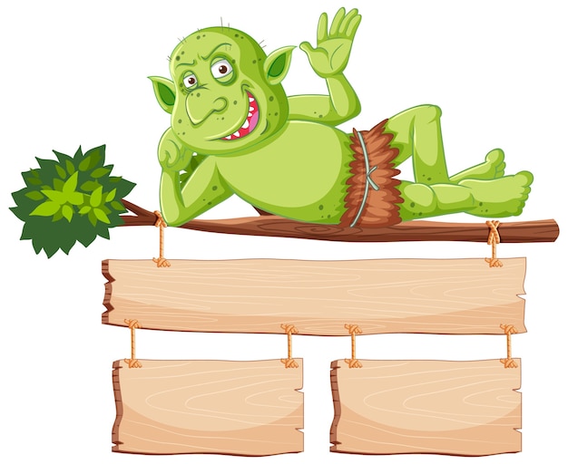 Green goblin or troll smile while lying down tree with blank banner in cartoon character isolated