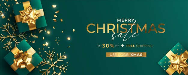 Green and golden realistic christmas sale banner template