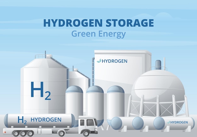 Free Vector green hydrogen energy fuel generation cartoon background composition with text and storage tanks with tanker truck vector illustration