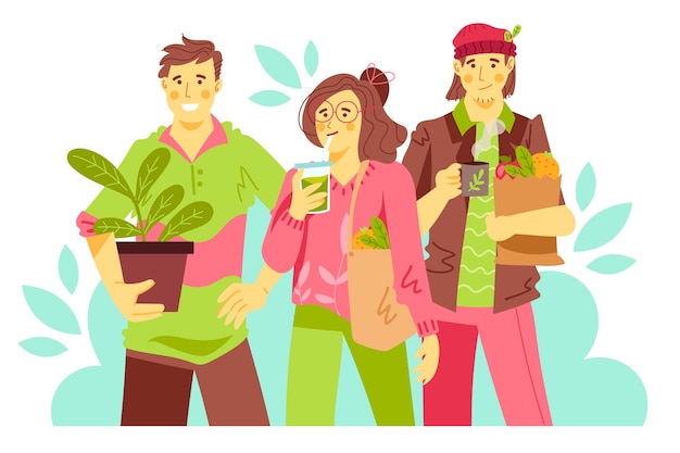 Free Vector green lifestyle people holding bags with veggies and plants