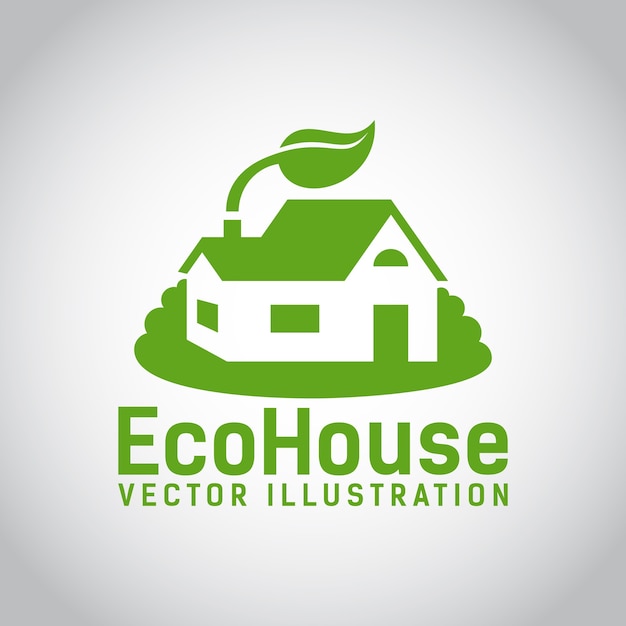 Green logo of an eco house or eco home  surrounded by grass and with a leaf above the roof environmentally low-impact and eco-friendly construction