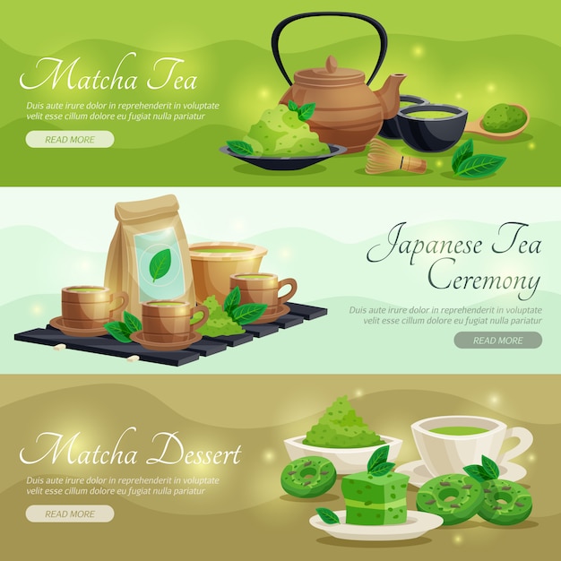 Free Vector green matcha tea horizontal banners 