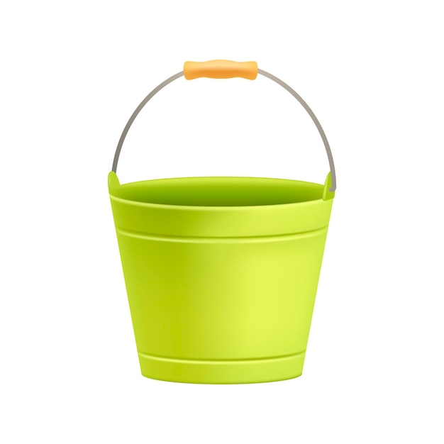 Green metal bucket for gardener or farmer 3D illustration. Equipment or container for fresh vegetables or water in 3D style on white background. Farming, gardening, agriculture, harvest concept