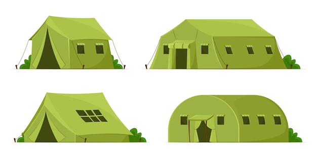 Free Vector green military tents cartoon illustration set. camping tents or shelter of different shapes for soldiers or outdoor recreation isolated on white background. army camp concept