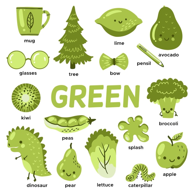 Green objects and vocabulary words