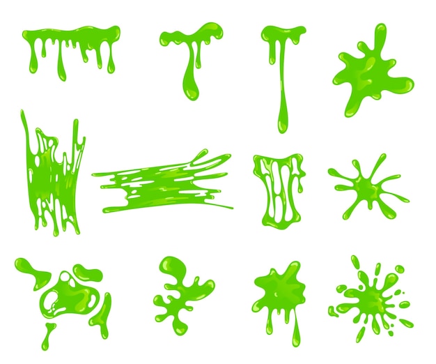 Green slime splashes and blobs set. Vector illustrations of sticky mucus splat or dripping goo liquid. Cartoon slimy droplet and border of different shape isolated on white. Halloween design concept