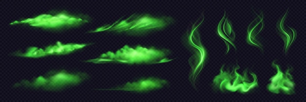 Free Vector green smoke clouds of different shapes realistic set isolated on black transparent background vector illustration