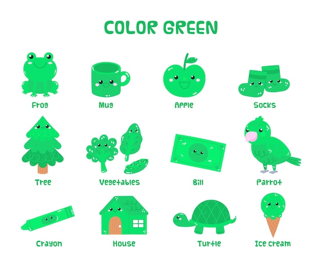 Green vocabulary set in english for kindergarten kids