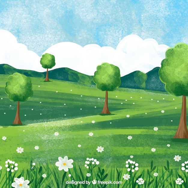 Green watercolor spring landscape