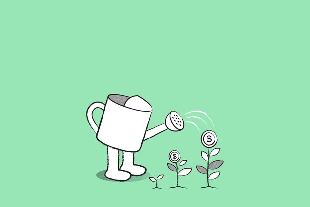 Green watering can background vector with doodle business growth illustration