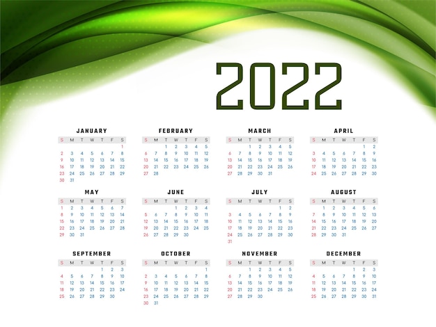 Green wave modern New year 2022 calendar design vector