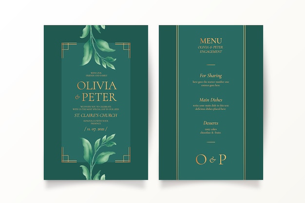 Green Wedding invitation and menu template