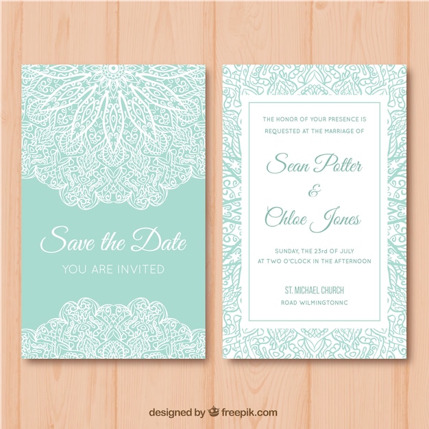 Green and white wedding card with mandala desig