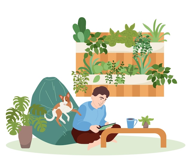 Free Vector green workplace flat composition with male character relaxing with his dog surrounded by domestic plants vector illustration