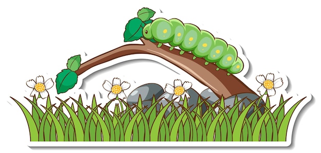 Green worm on a branch with grass field sticker