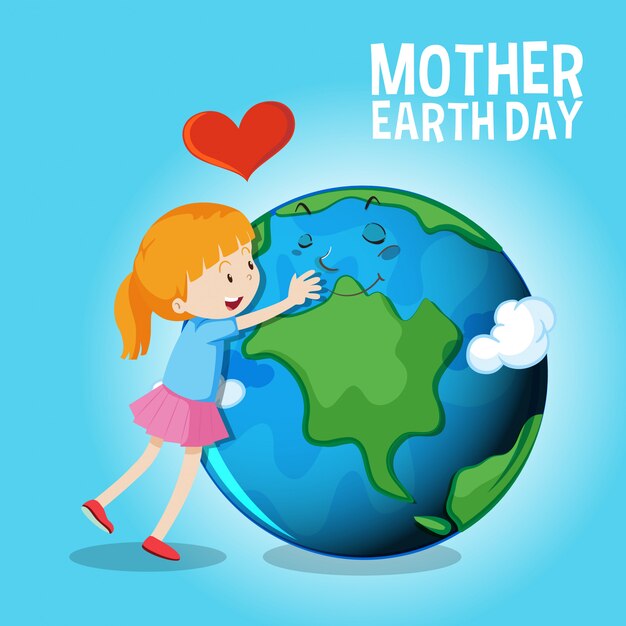 greeting card for mother earth day with girl hugging earth