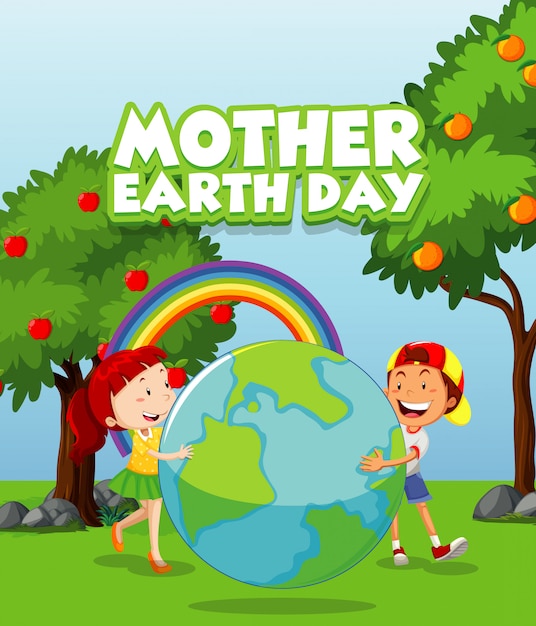 greeting card for mother earth day with two kids in the park