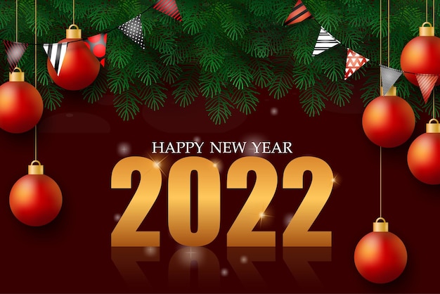 The Greeting card of New year with number 2022 and lettering happy and celebrate, decoration design with red hanging ball,  vector illustration