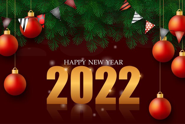 The Greeting card of New year with number 2022 and lettering happy and celebrate, decoration design with red hanging ball,  vector illustration