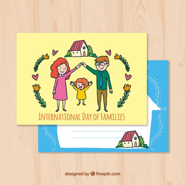 Greeting card template of cute family in hand-drawn style