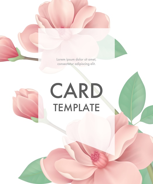 Greeting card template with pink flowers and transparent frame on white background.