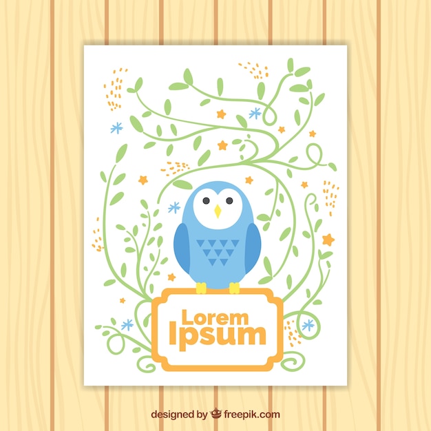 Free Vector greeting card with blue owl and floral decoration