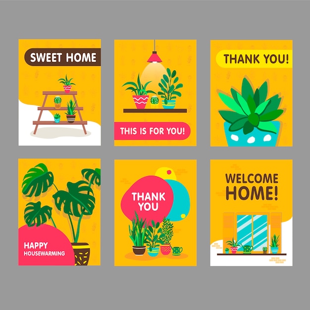 Greeting cards with home plants set. Houseplants with pots vector illustrations with thank you and welcome home text. Home and housewarming concept for postcards design