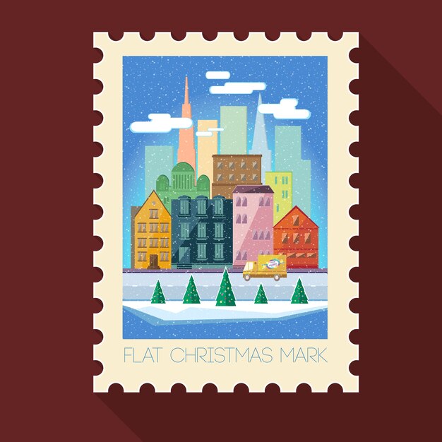 Greeting Christmas stamp with winter cityscape and truck in flat style on brown