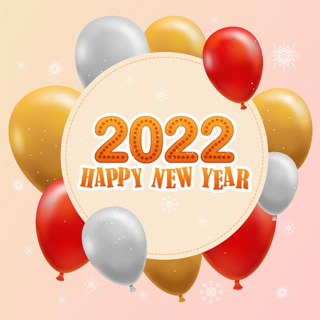 The Greeting New Year card 2022 and lettering Happy New Year in circle shape, Beautiful balloon with snowflake on background, vector illustration