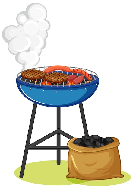 Grill stove with steak and sausage on white background