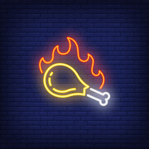 Grilled chicken drumstick with fire flame neon sign