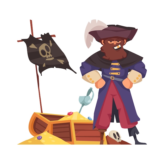 Grinning pirate captain with treasure chest cartoon